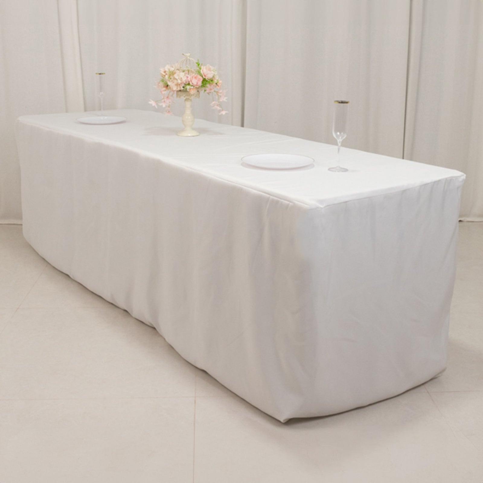 White fitted premium polyester tablecloth for 8ft table.