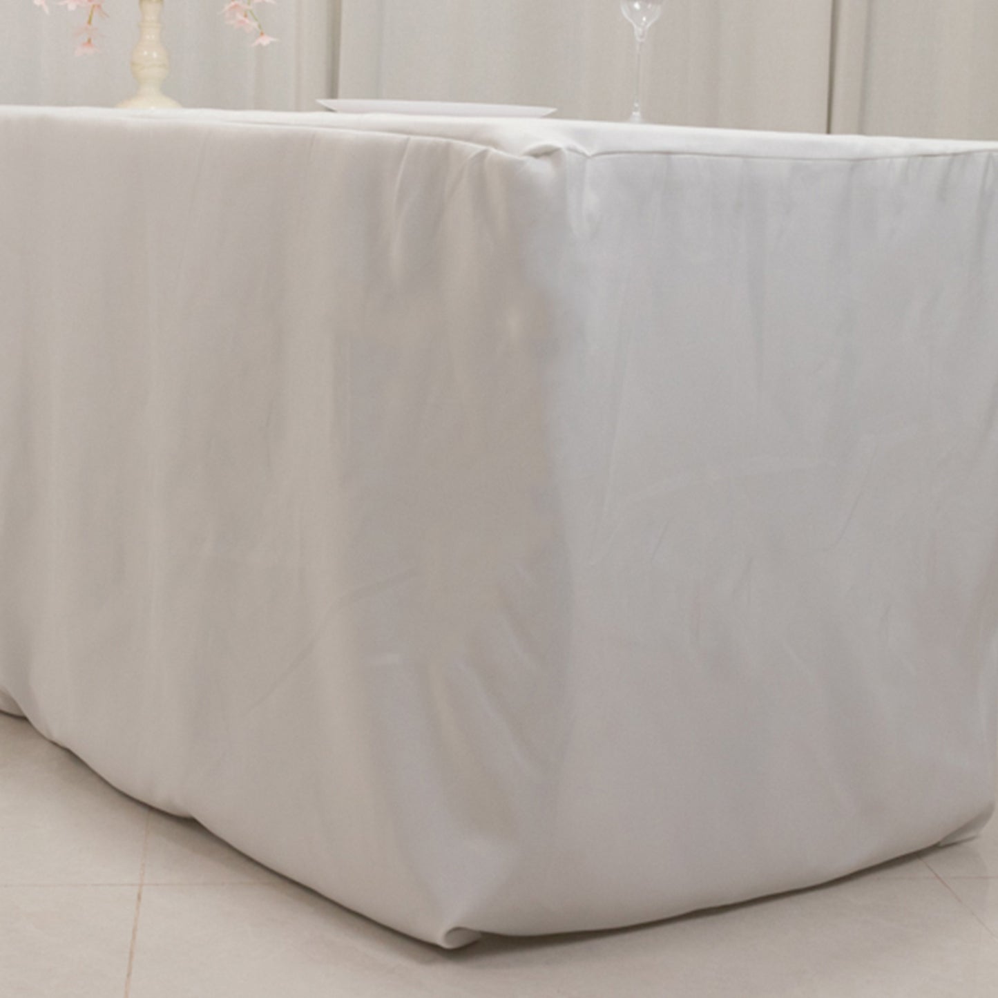 White fitted premium polyester rectangle tablecloth for 8ft tables.