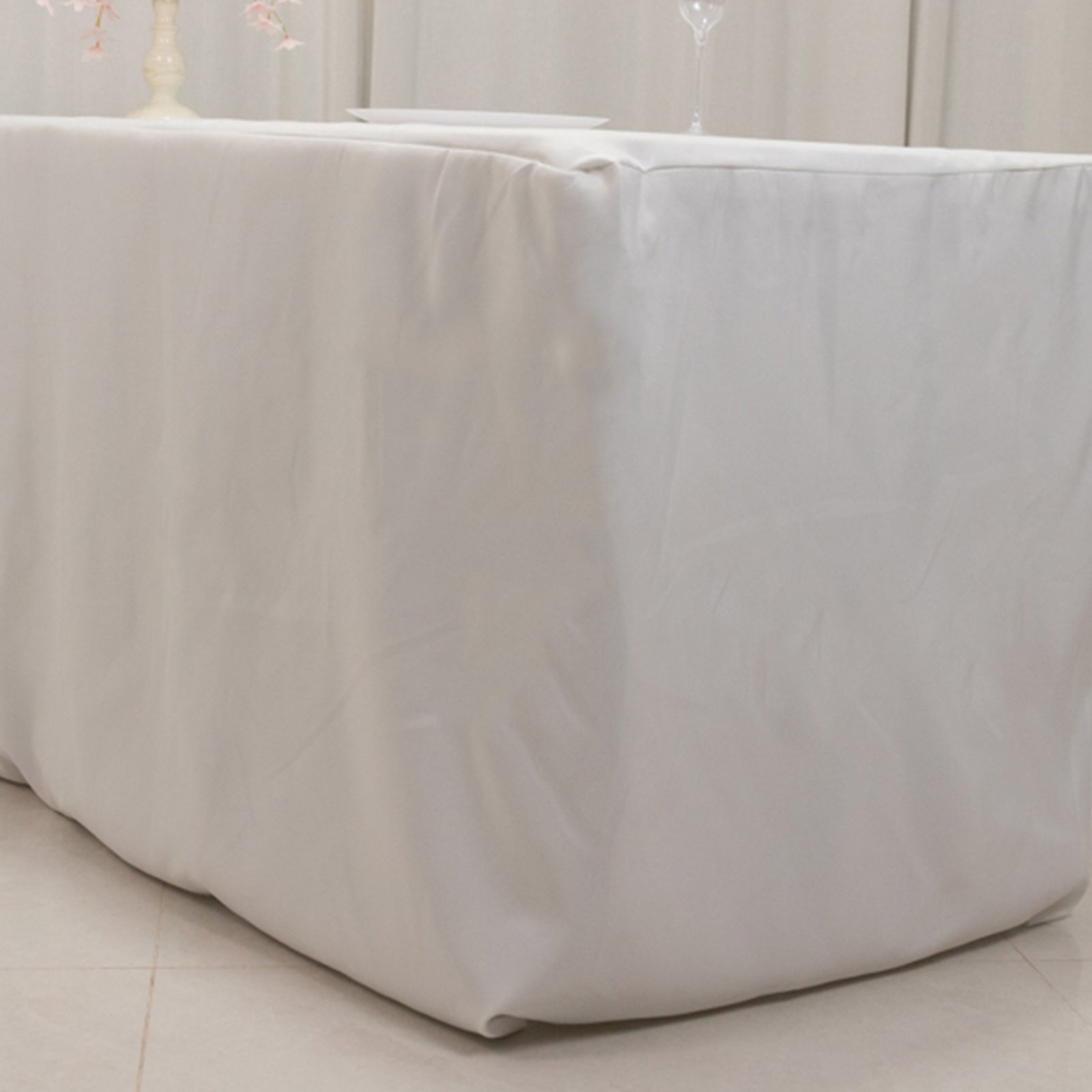 White fitted premium polyester rectangle tablecloth for 8ft tables.
