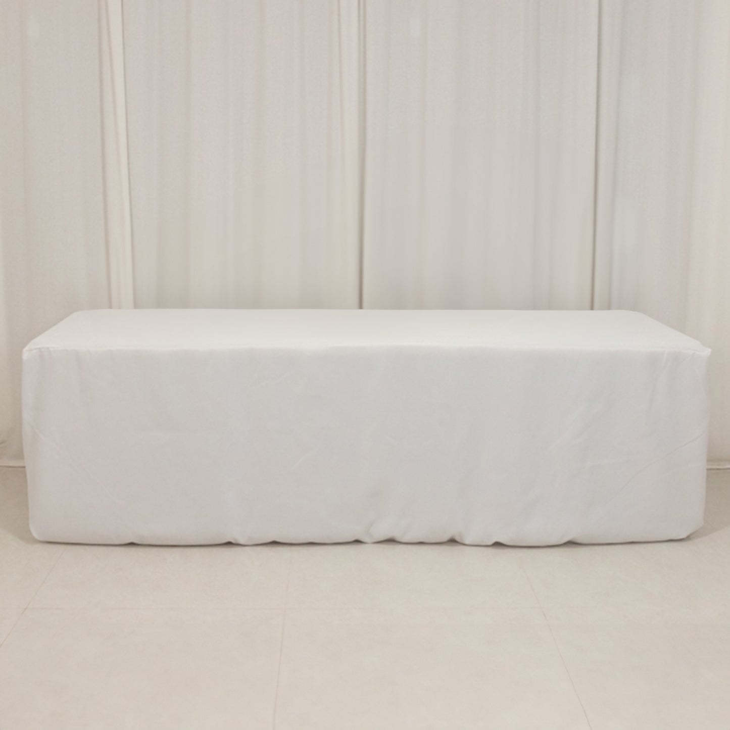 White fitted premium polyester tablecloth for 8ft tables.
