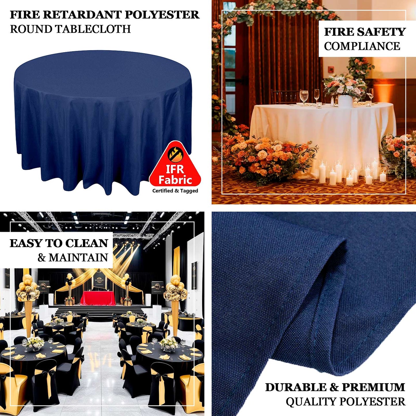 Navy blue fire retardant round tablecloth made of premium polyester.