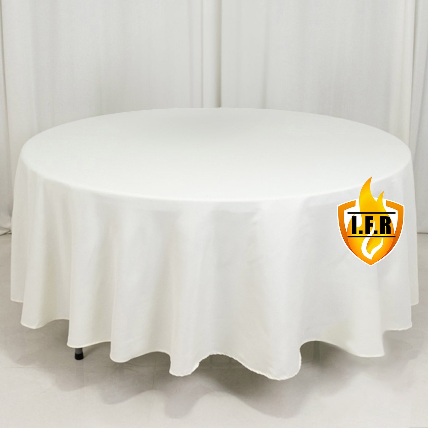 Ivory fire retardant round tablecloth for events and dining.