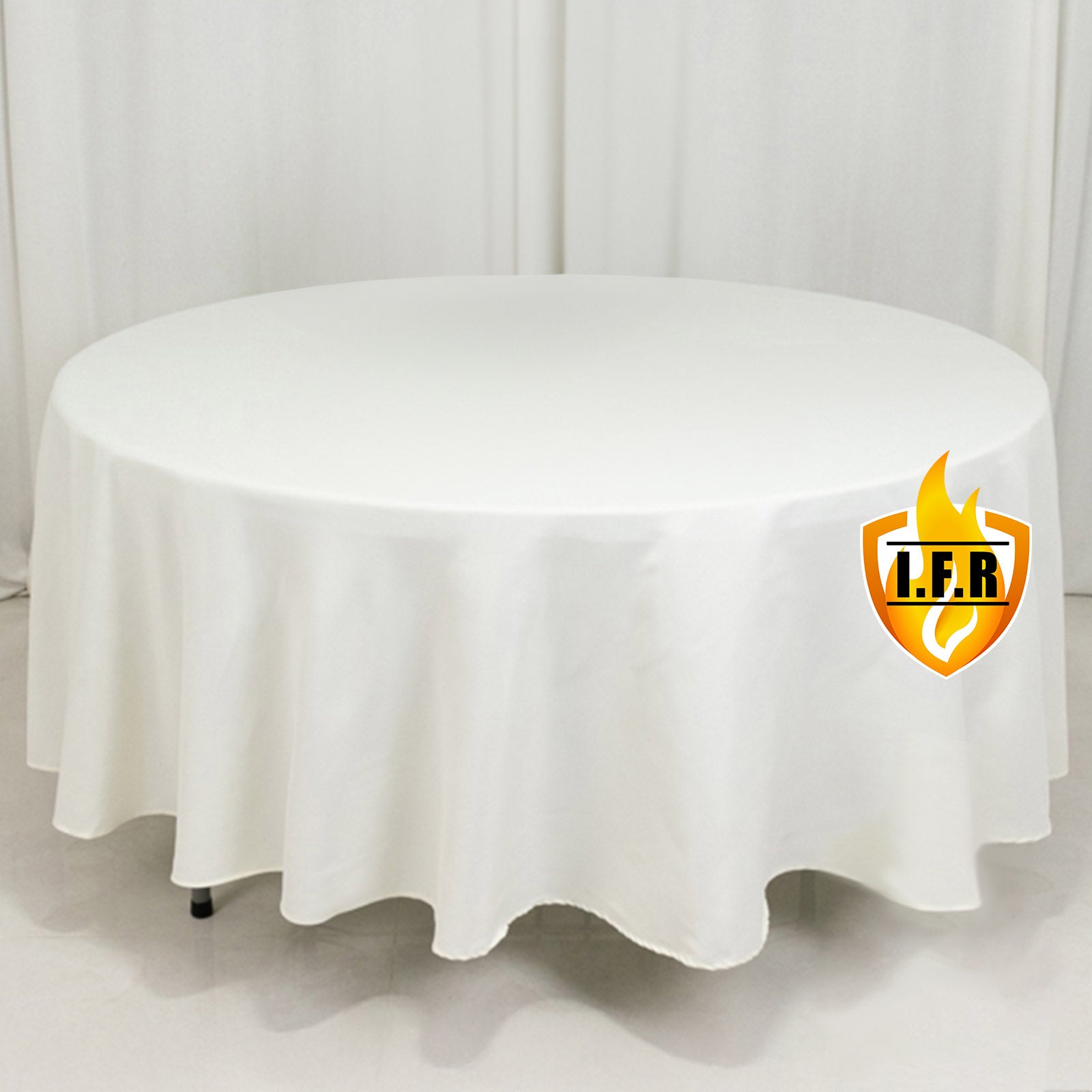 Ivory fire retardant round tablecloth for events and dining.