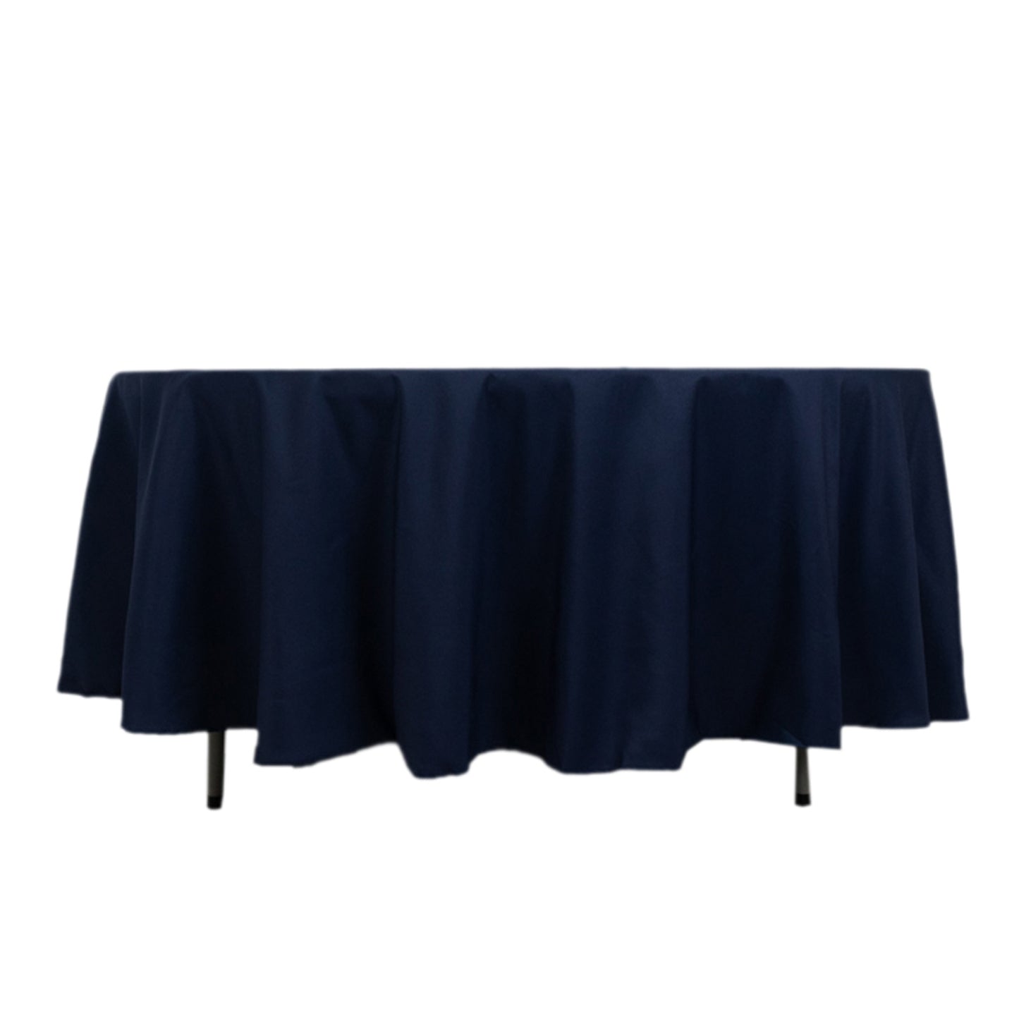 Navy blue fire retardant round tablecloth for events and dining.