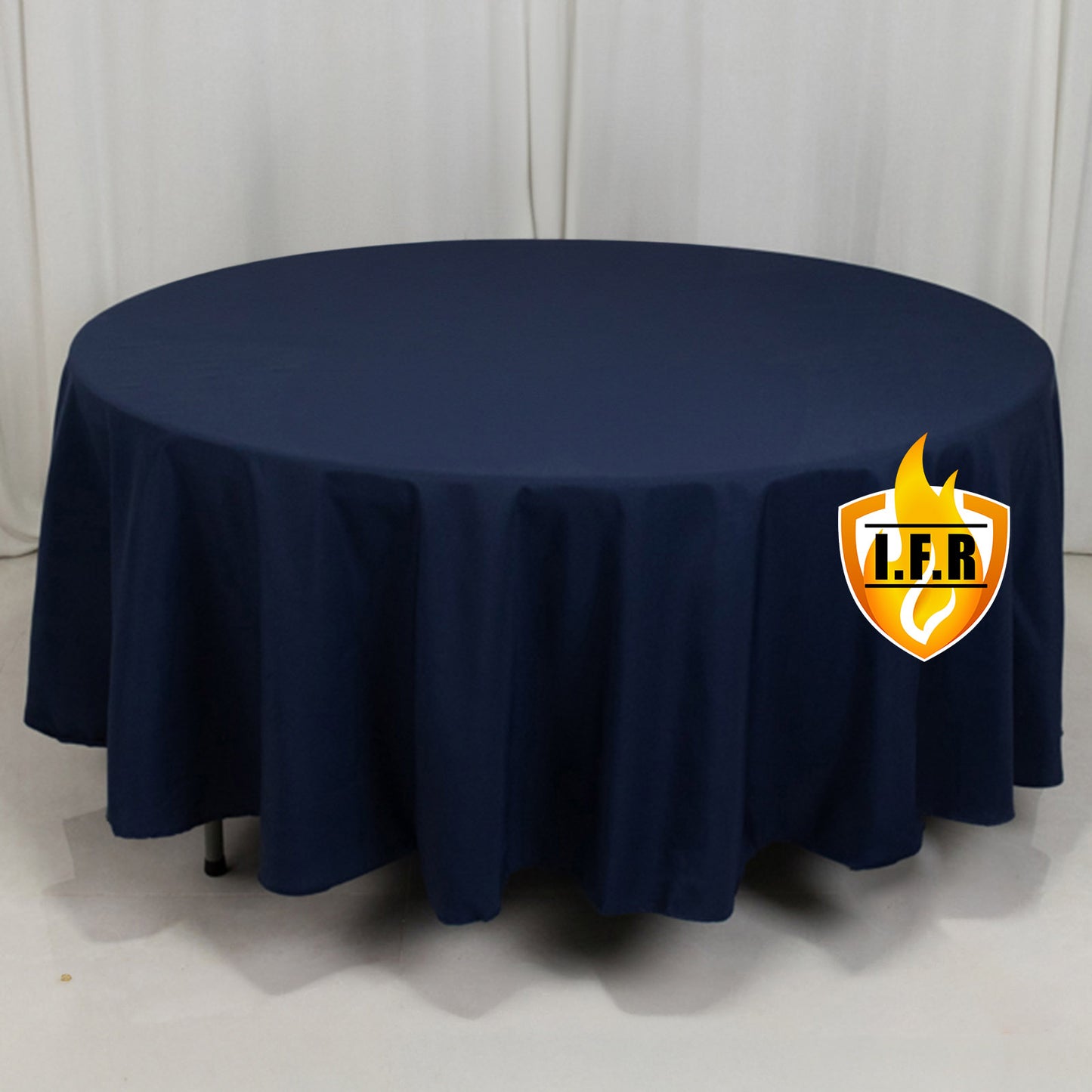 Navy blue round tablecloth made of premium polyester, 108 inches in size.