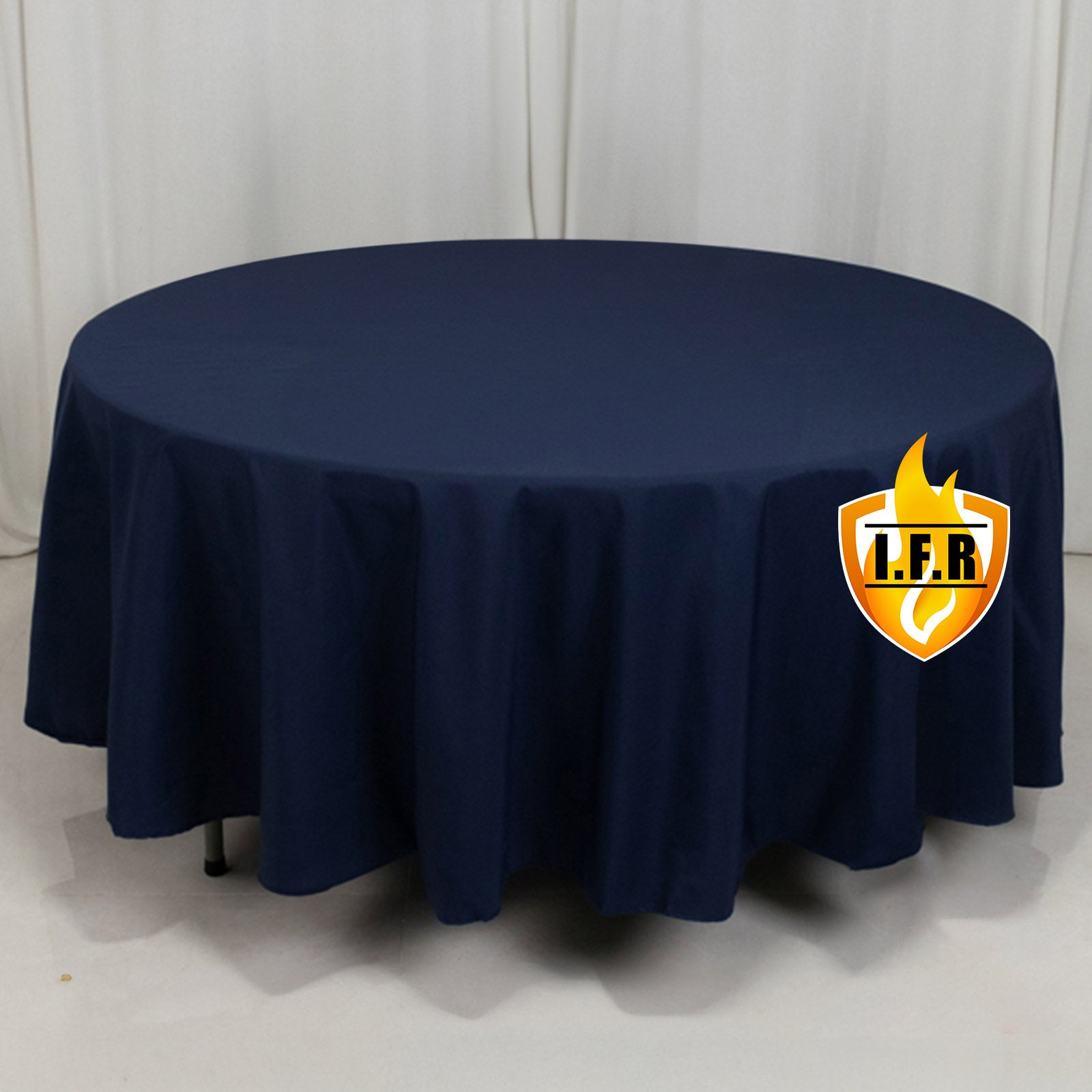 Navy blue round tablecloth made of premium polyester, 108 inches in size.