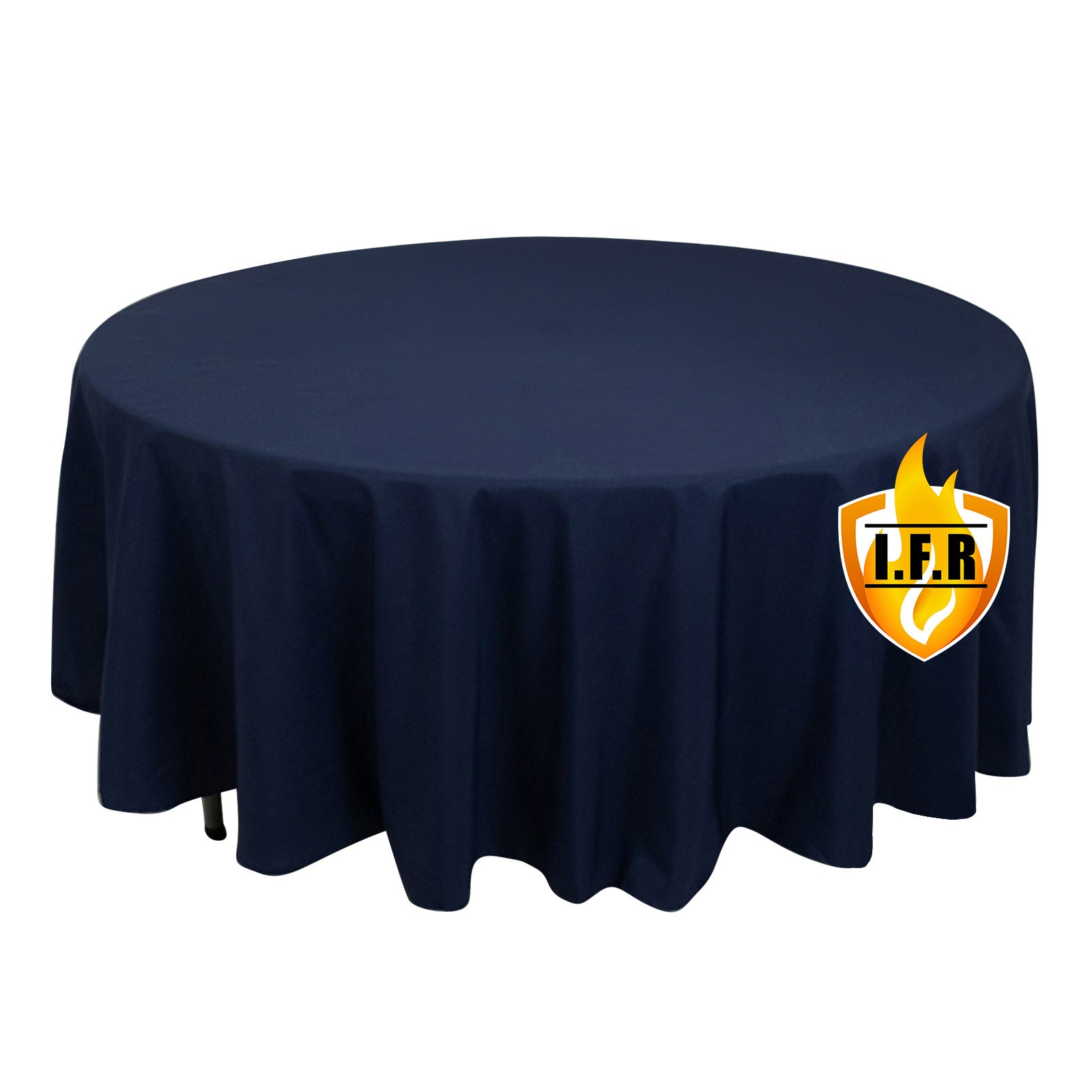 Navy blue fire retardant round tablecloth on a table.
