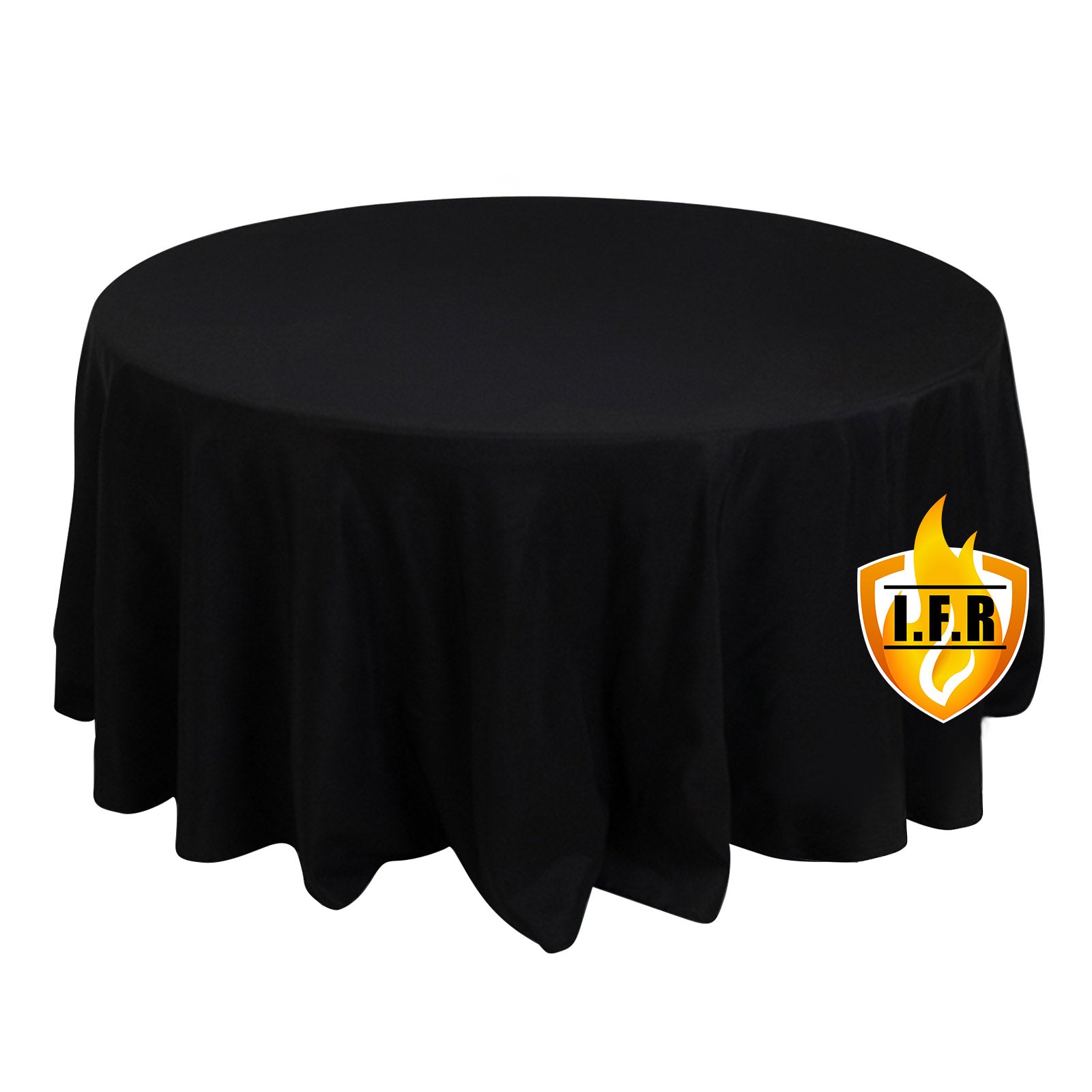 Black round tablecloth for 5-foot table with floor-length drop.