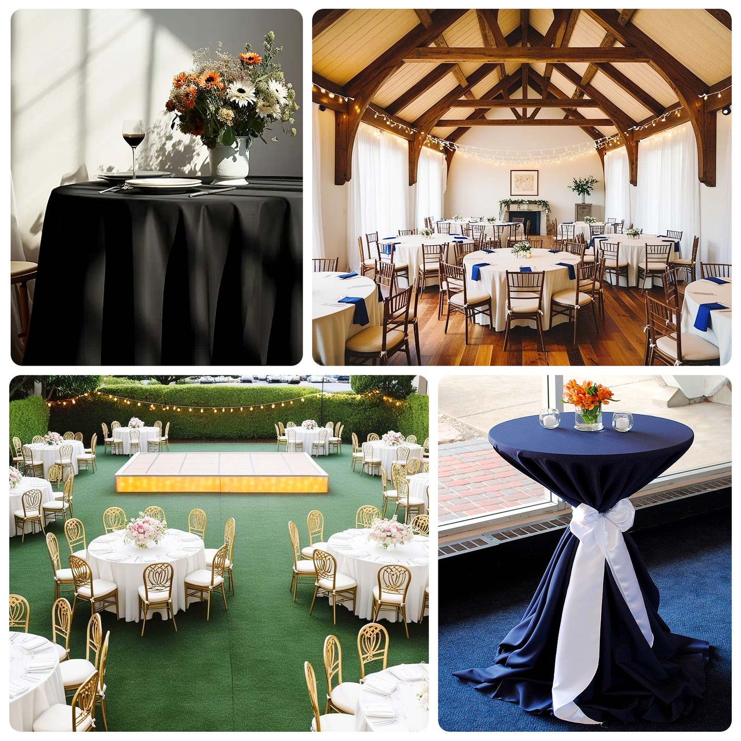 Black tablecloth for 5-foot table with floor-length drop.