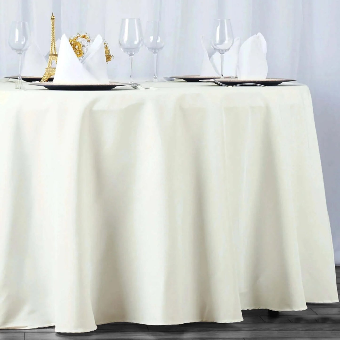 120" Fire Retardant Ivory Tablecloth Seamless Premium Polyester Round Table Cover for 5 Foot Table With Floor-Length Drop