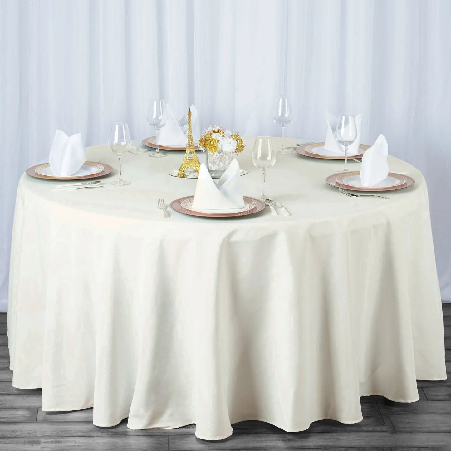 120" Fire Retardant Ivory Tablecloth Seamless Premium Polyester Round Table Cover for 5 Foot Table With Floor-Length Drop