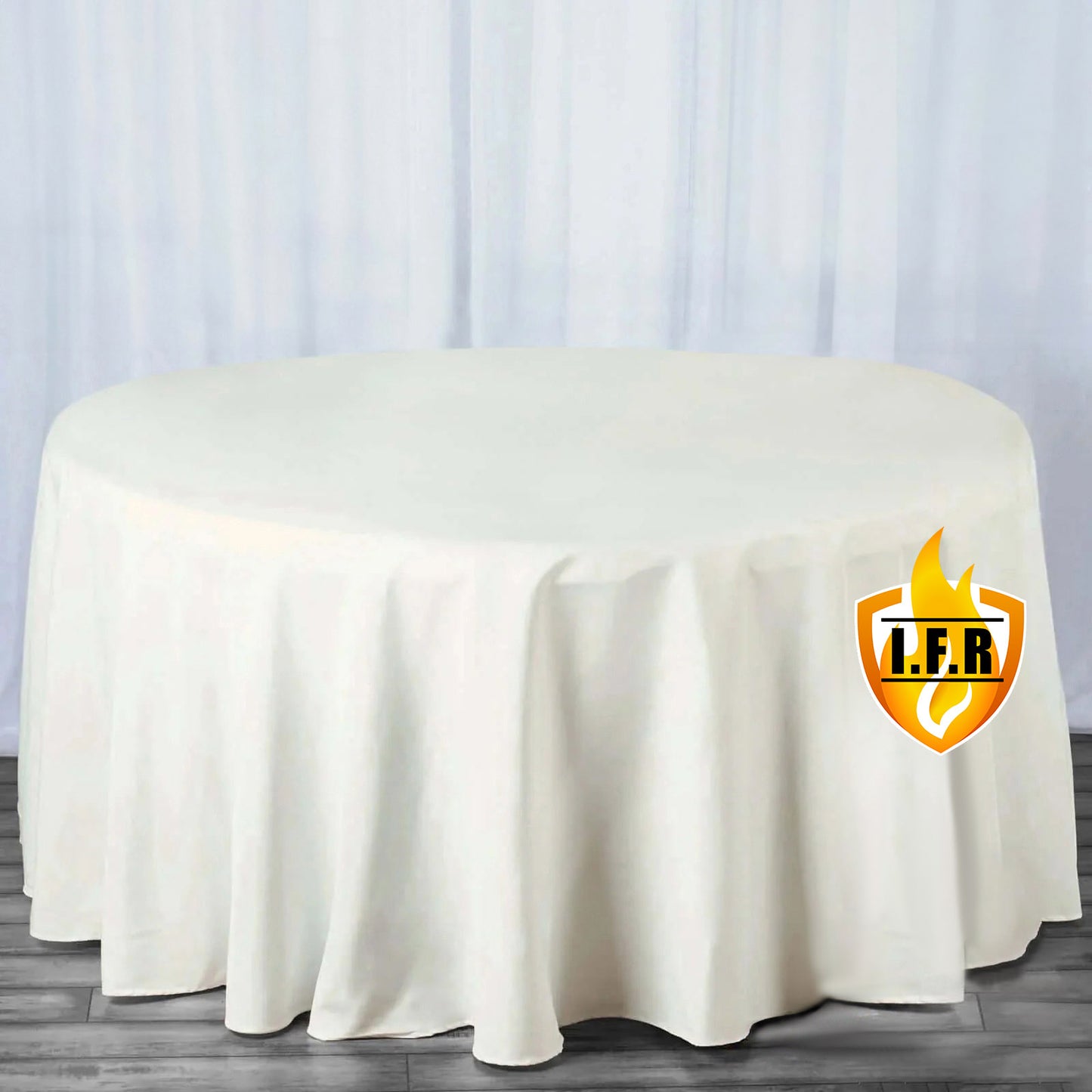 120" Fire Retardant Ivory Tablecloth Seamless Premium Polyester Round Table Cover for 5 Foot Table With Floor-Length Drop