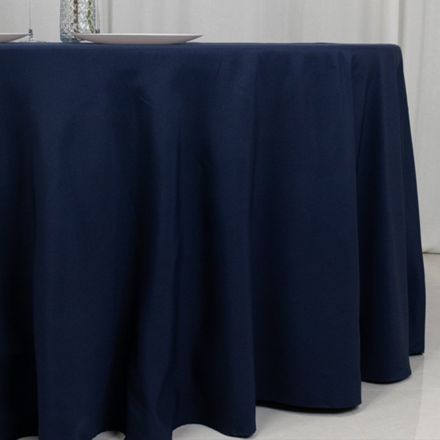 120" Fire Retardant Navy Blue Tablecloth Seamless Premium Polyester Round Table Cover for 5 Foot Table With Floor-Length Drop