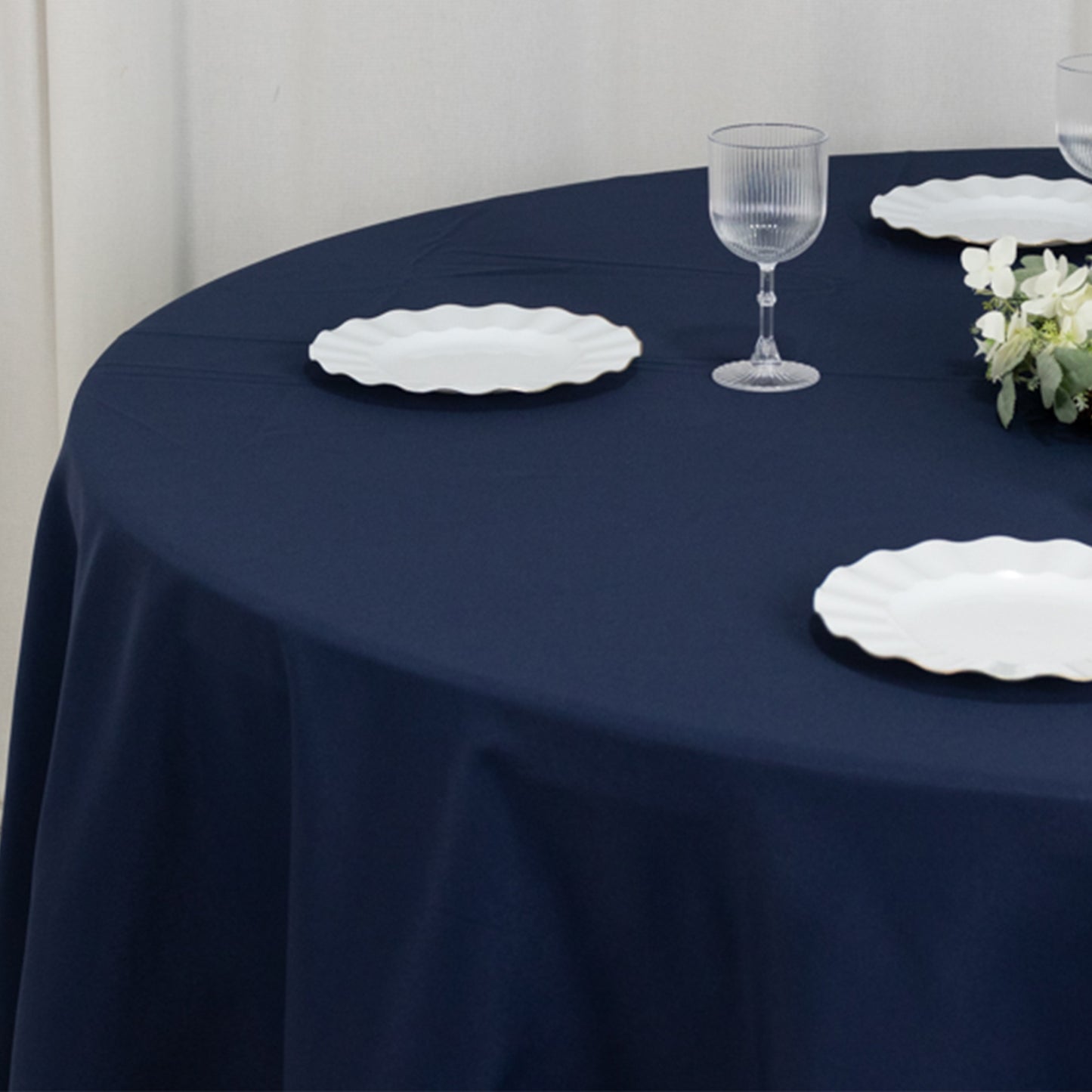 120" Fire Retardant Navy Blue Tablecloth Seamless Premium Polyester Round Table Cover for 5 Foot Table With Floor-Length Drop