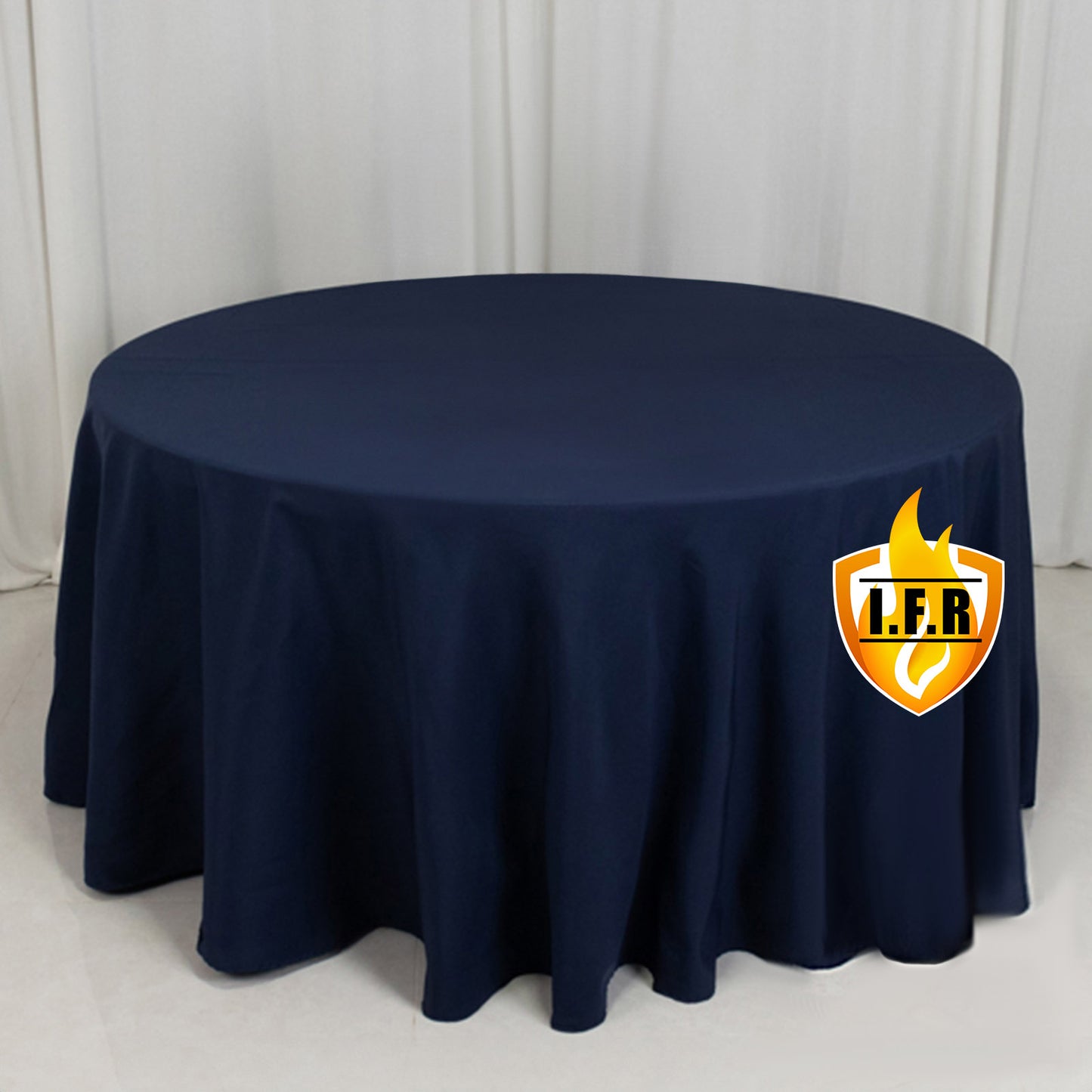 120" Fire Retardant Navy Blue Tablecloth Seamless Premium Polyester Round Table Cover for 5 Foot Table With Floor-Length Drop