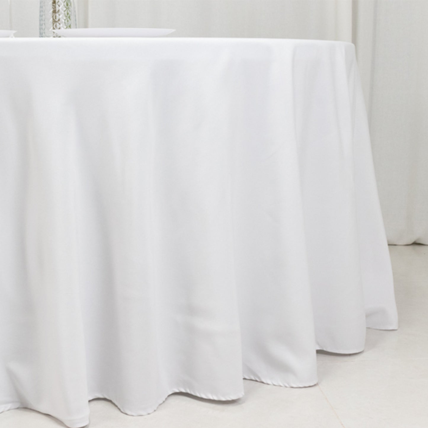 120" Fire Retardant White Tablecloth Seamless Premium Polyester Round Table Cover for 5 Foot Table With Floor-Length Drop