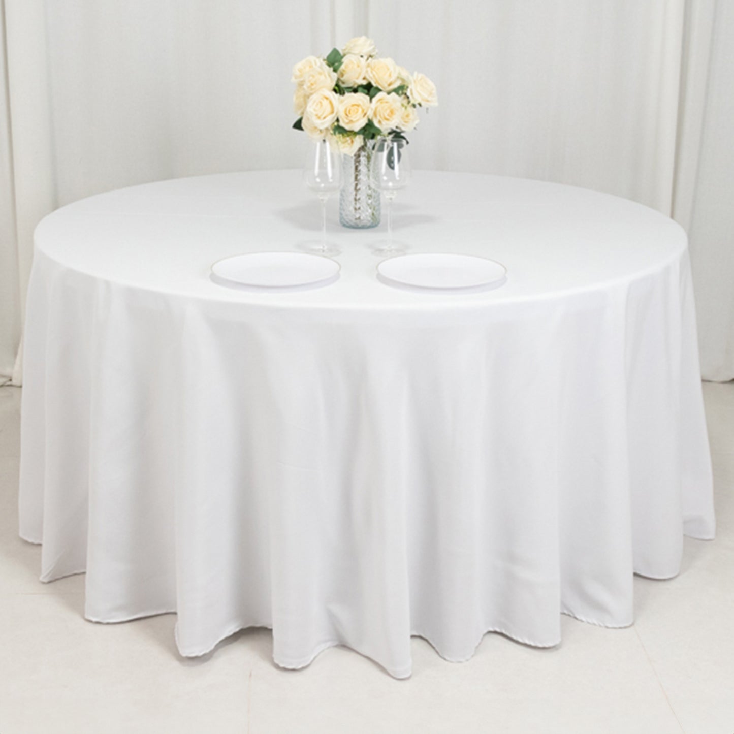 120" Fire Retardant White Tablecloth Seamless Premium Polyester Round Table Cover for 5 Foot Table With Floor-Length Drop