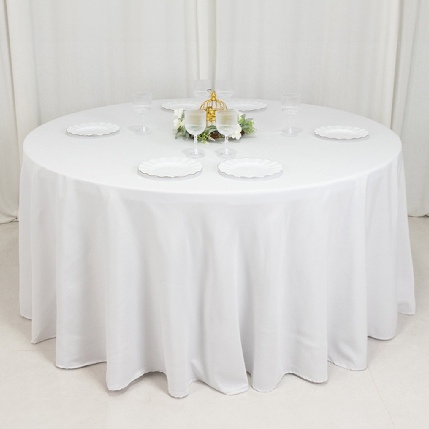 120" Fire Retardant White Tablecloth Seamless Premium Polyester Round Table Cover for 5 Foot Table With Floor-Length Drop