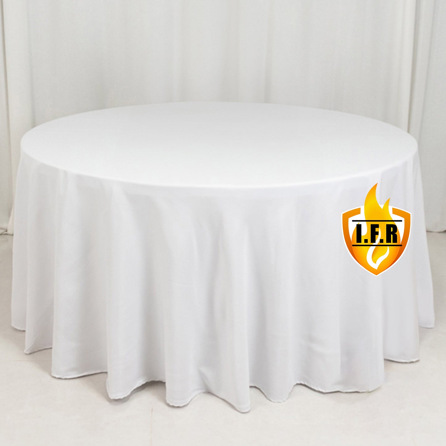 120" Fire Retardant White Tablecloth Seamless Premium Polyester Round Table Cover for 5 Foot Table With Floor-Length Drop