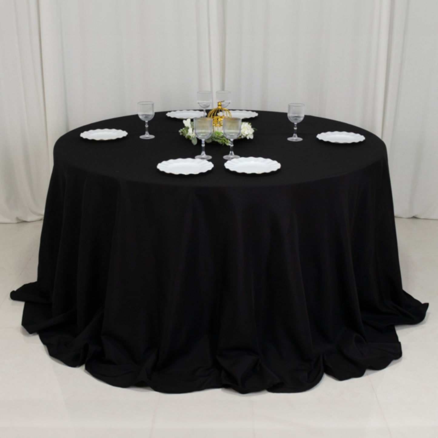 132" Fire Retardant Black Tablecloth Seamless Premium Polyester Round Table Cover for 6 Foot Tables With Floor-Length Drop
