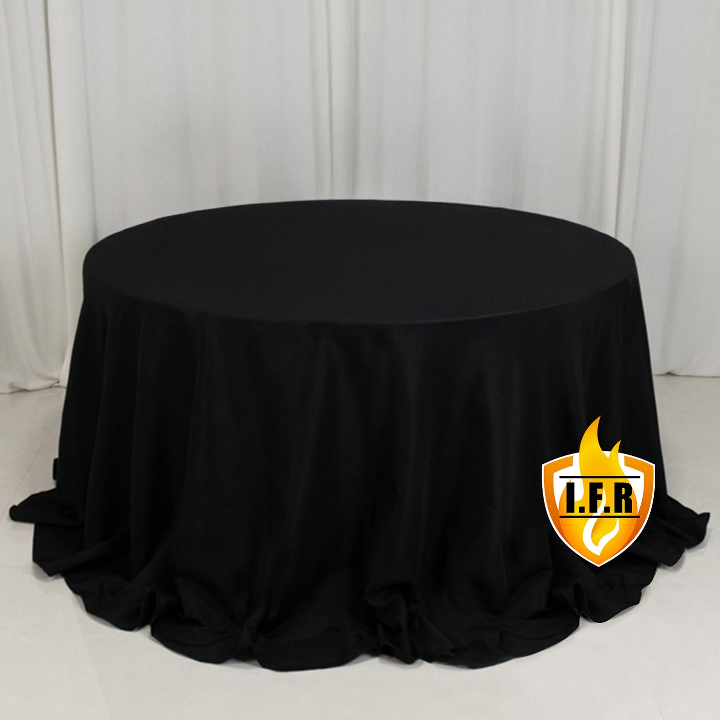 132" Fire Retardant Black Tablecloth Seamless Premium Polyester Round Table Cover for 6 Foot Tables With Floor-Length Drop