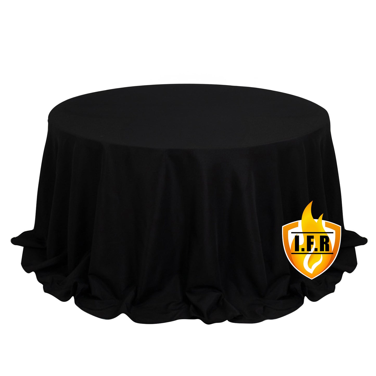 132" Fire Retardant Black Tablecloth Seamless Premium Polyester Round Table Cover for 6 Foot Tables With Floor-Length Drop