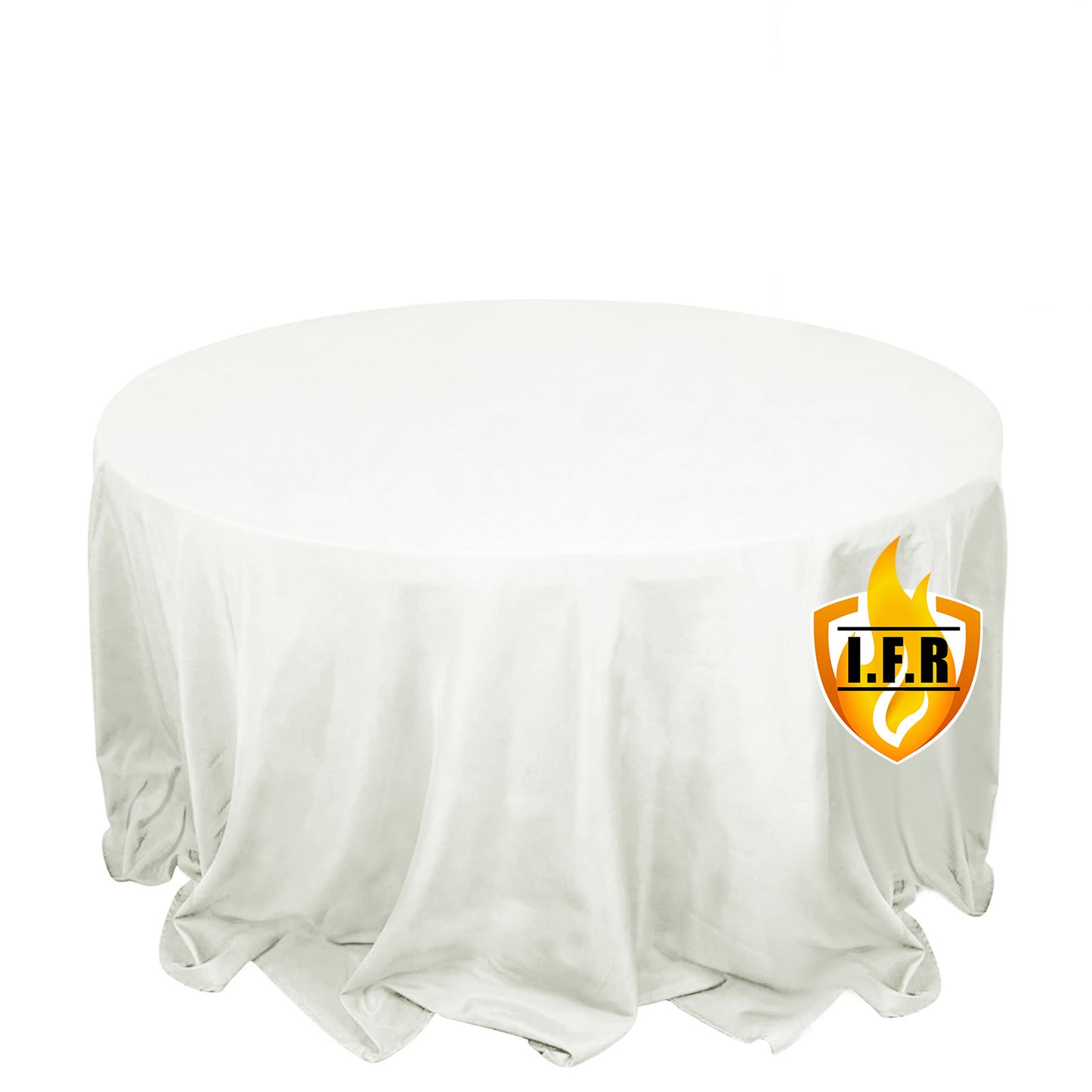 Ivory fire retardant tablecloth for 6-foot round tables, seamless design.
