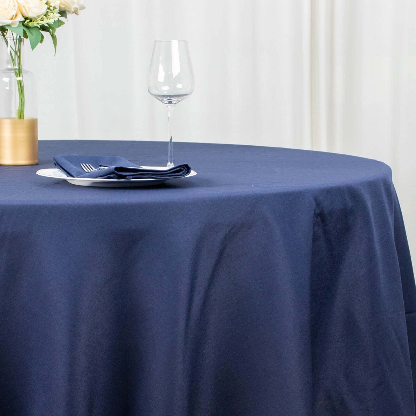132" Fire Retardant Navy Blue Tablecloth Seamless Premium Polyester Round Table Cover for 6 Foot Tables With Floor-Length Drop