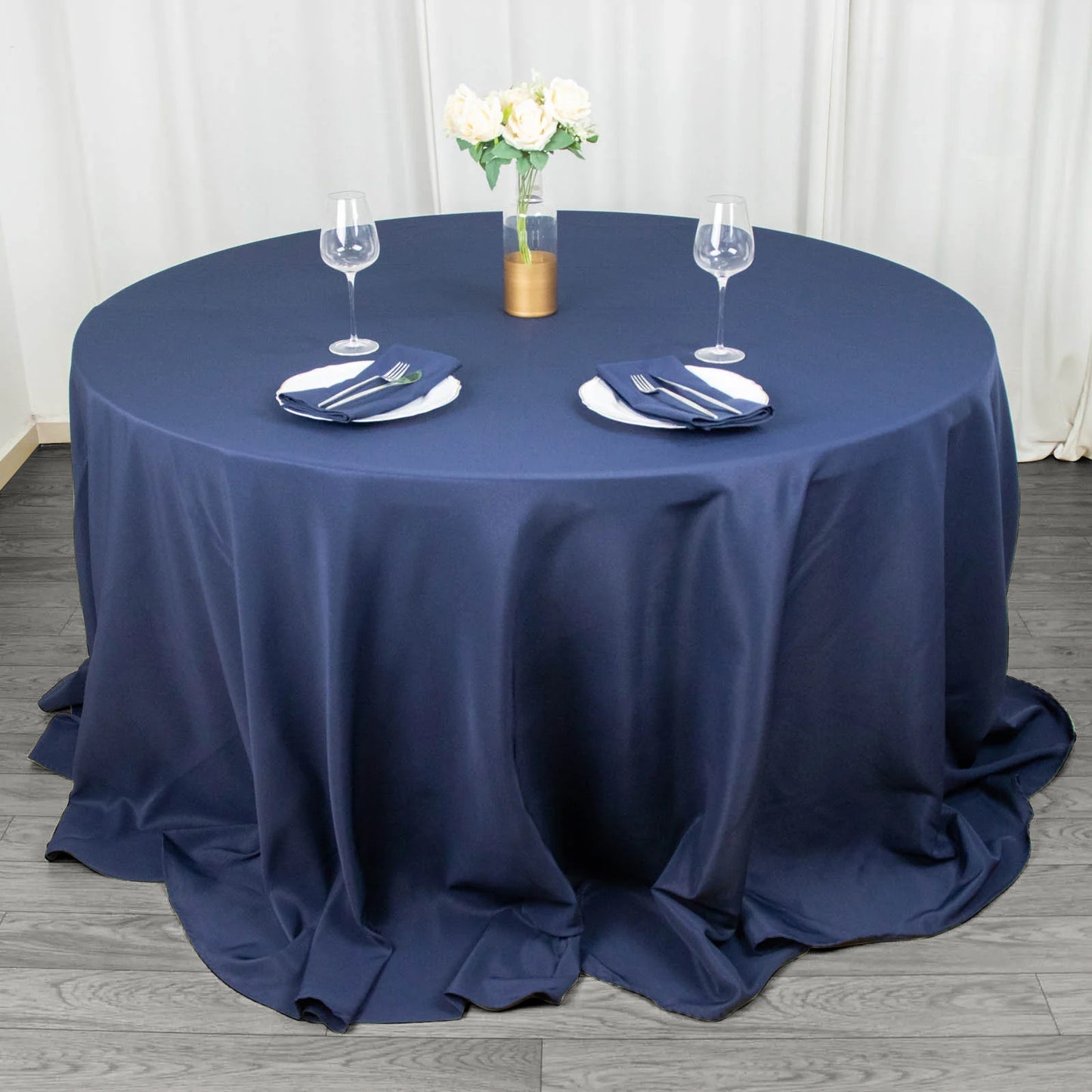 132" Fire Retardant Navy Blue Tablecloth Seamless Premium Polyester Round Table Cover for 6 Foot Tables With Floor-Length Drop