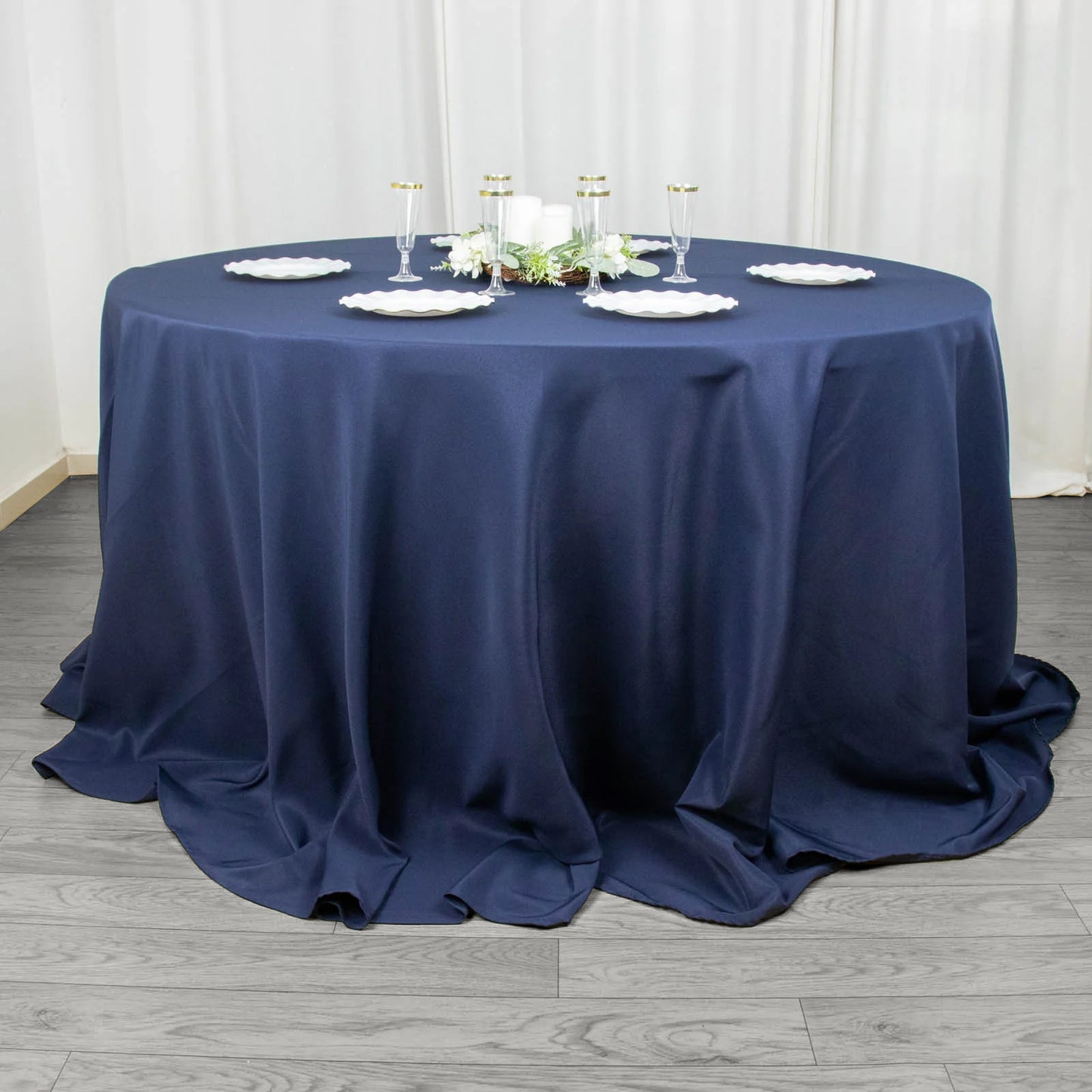 132" Fire Retardant Navy Blue Tablecloth Seamless Premium Polyester Round Table Cover for 6 Foot Tables With Floor-Length Drop