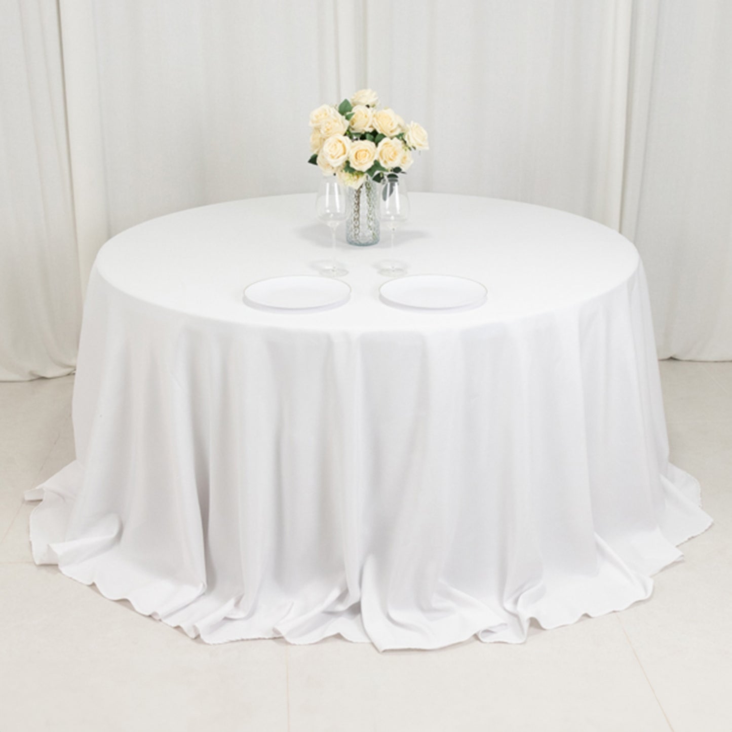 132" Fire Retardant White Tablecloth Seamless Premium Polyester Round Table Cover for 6 Foot Tables With Floor-Length Drop