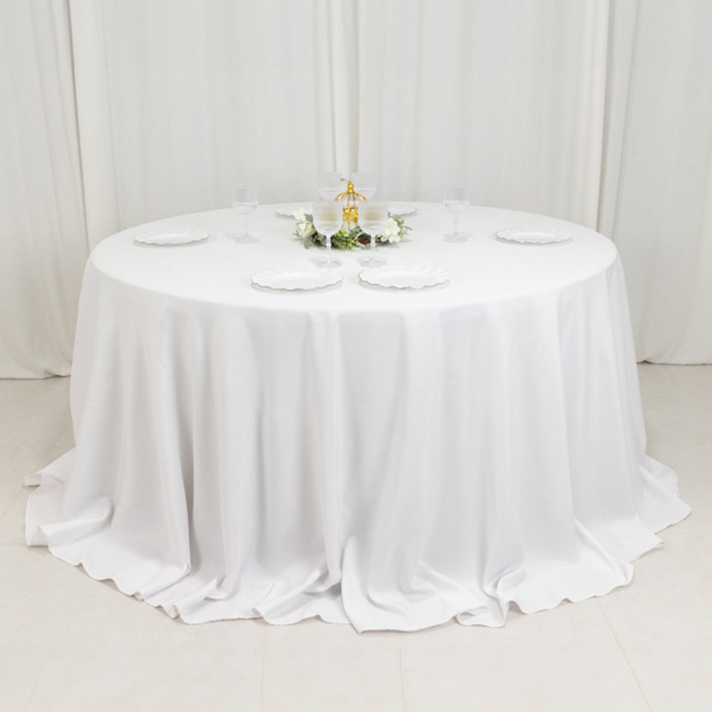 132" Fire Retardant White Tablecloth Seamless Premium Polyester Round Table Cover for 6 Foot Tables With Floor-Length Drop