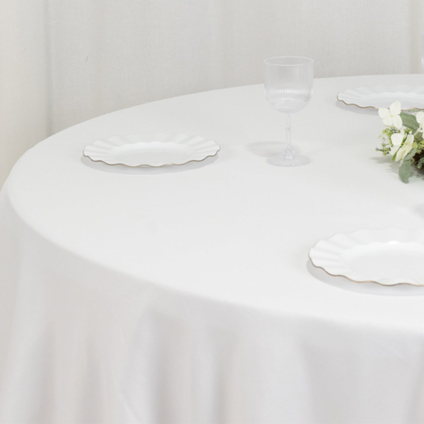 132" Fire Retardant White Tablecloth Seamless Premium Polyester Round Table Cover for 6 Foot Tables With Floor-Length Drop