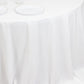 132" Fire Retardant White Tablecloth Seamless Premium Polyester Round Table Cover for 6 Foot Tables With Floor-Length Drop