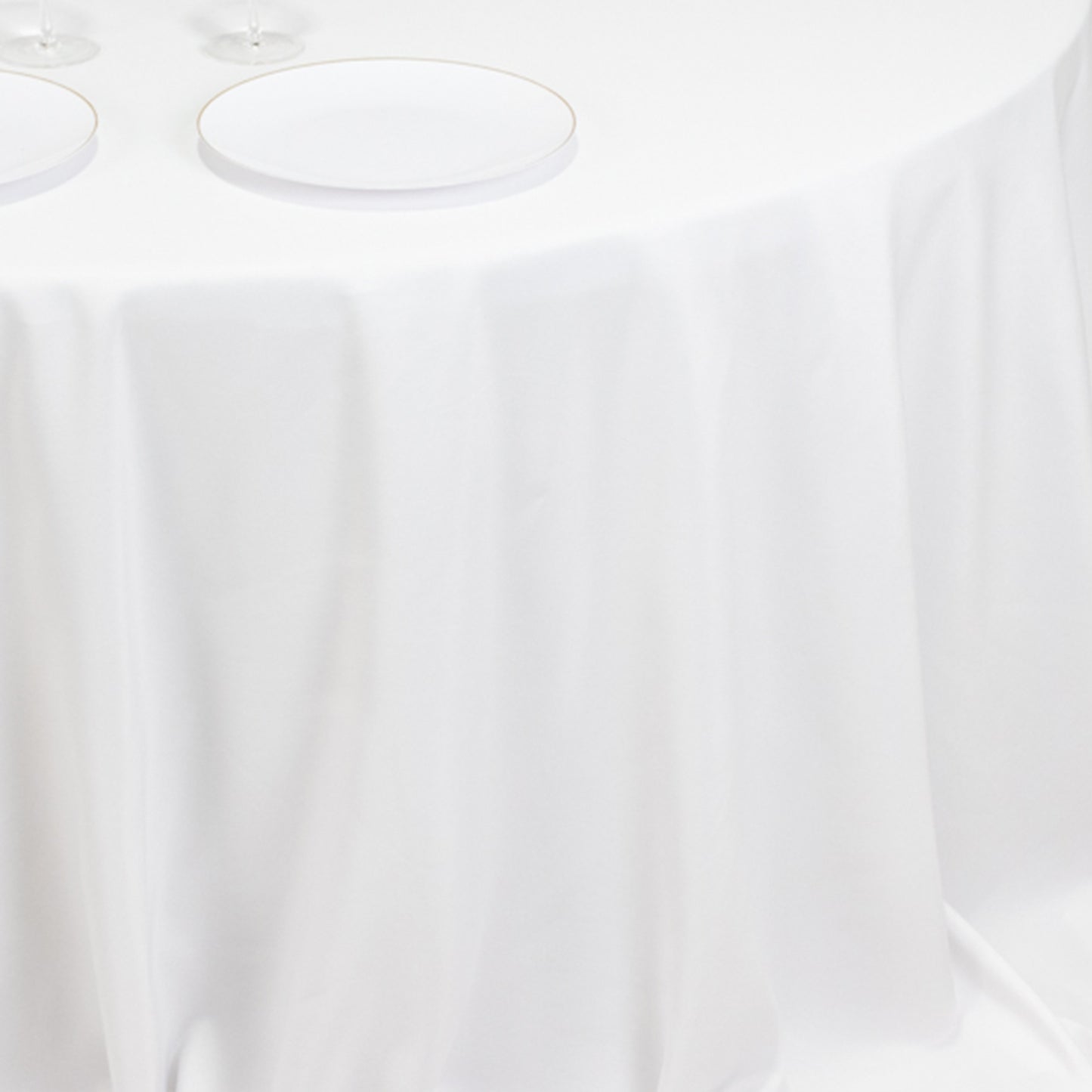 132" Fire Retardant White Tablecloth Seamless Premium Polyester Round Table Cover for 6 Foot Tables With Floor-Length Drop