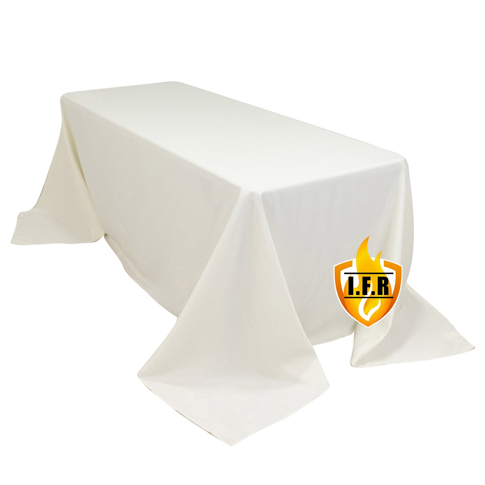 Ivory fire retardant tablecloth for 6-foot table with floor-length drop.