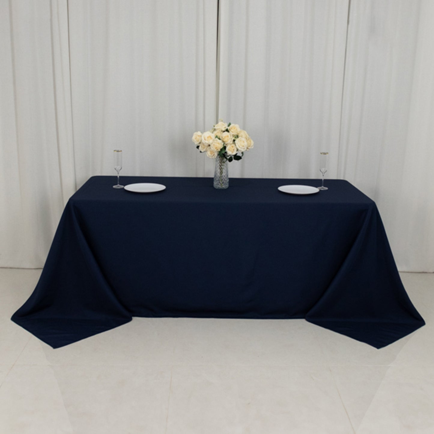 90"x132" Fire Retardant Navy Blue Tablecloth Seamless Premium Polyester Rectangular Table Cover for 6 Foot Table With Floor-Length Drop