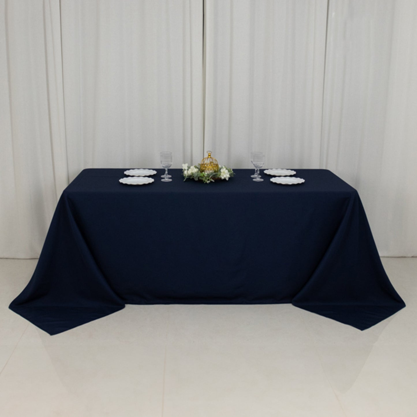 90"x132" Fire Retardant Navy Blue Tablecloth Seamless Premium Polyester Rectangular Table Cover for 6 Foot Table With Floor-Length Drop