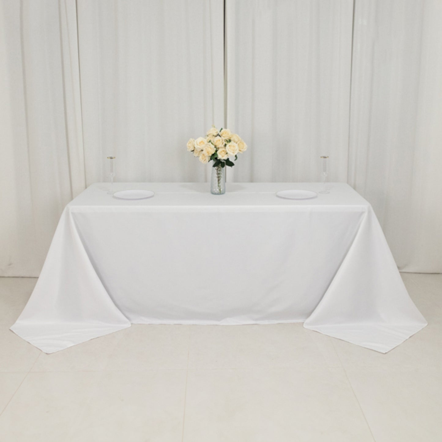 90"x132" Fire Retardant White Tablecloth Seamless Premium Polyester Rectangular Table Cover for 6 Foot Table With Floor-Length Drop