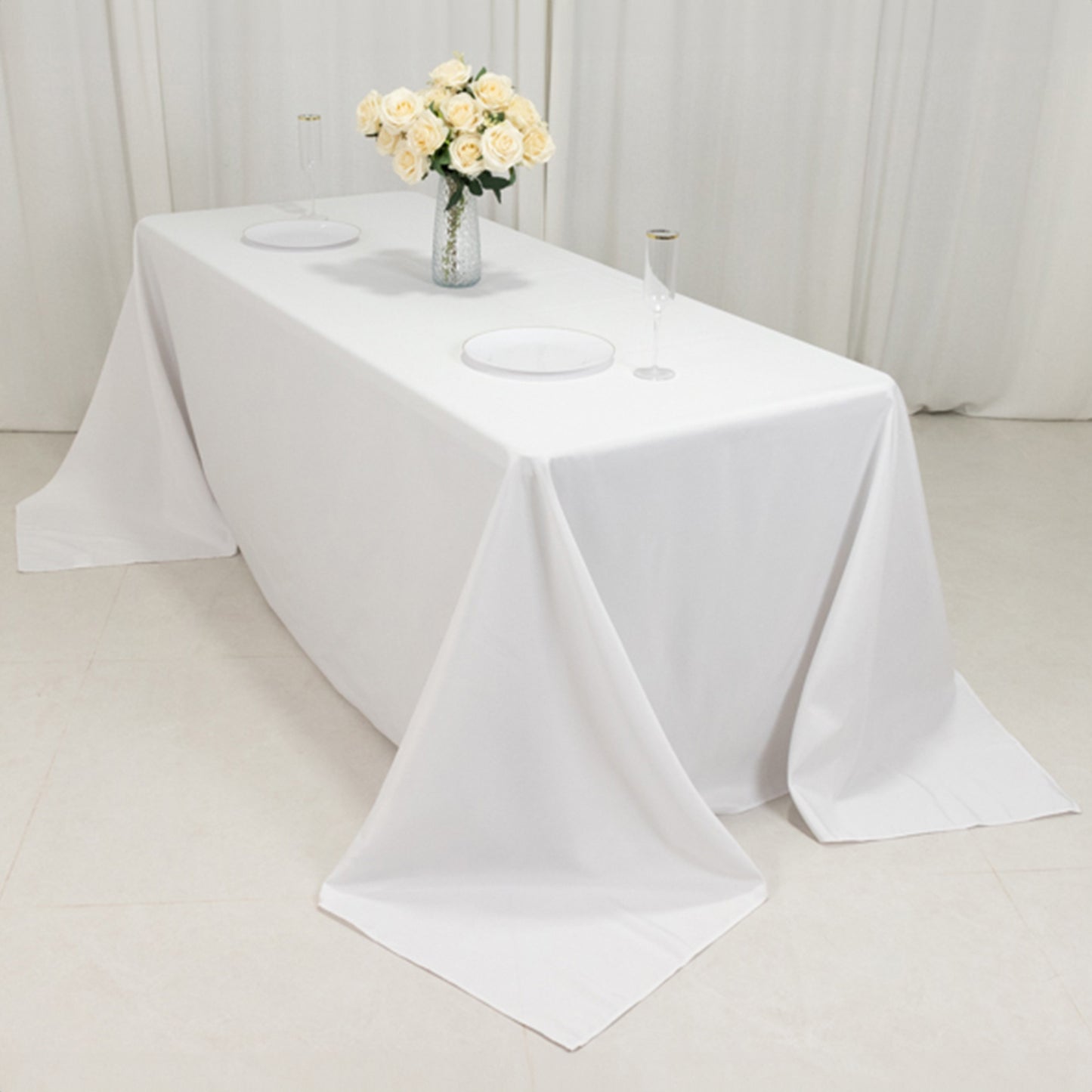 90"x132" Fire Retardant White Tablecloth Seamless Premium Polyester Rectangular Table Cover for 6 Foot Table With Floor-Length Drop