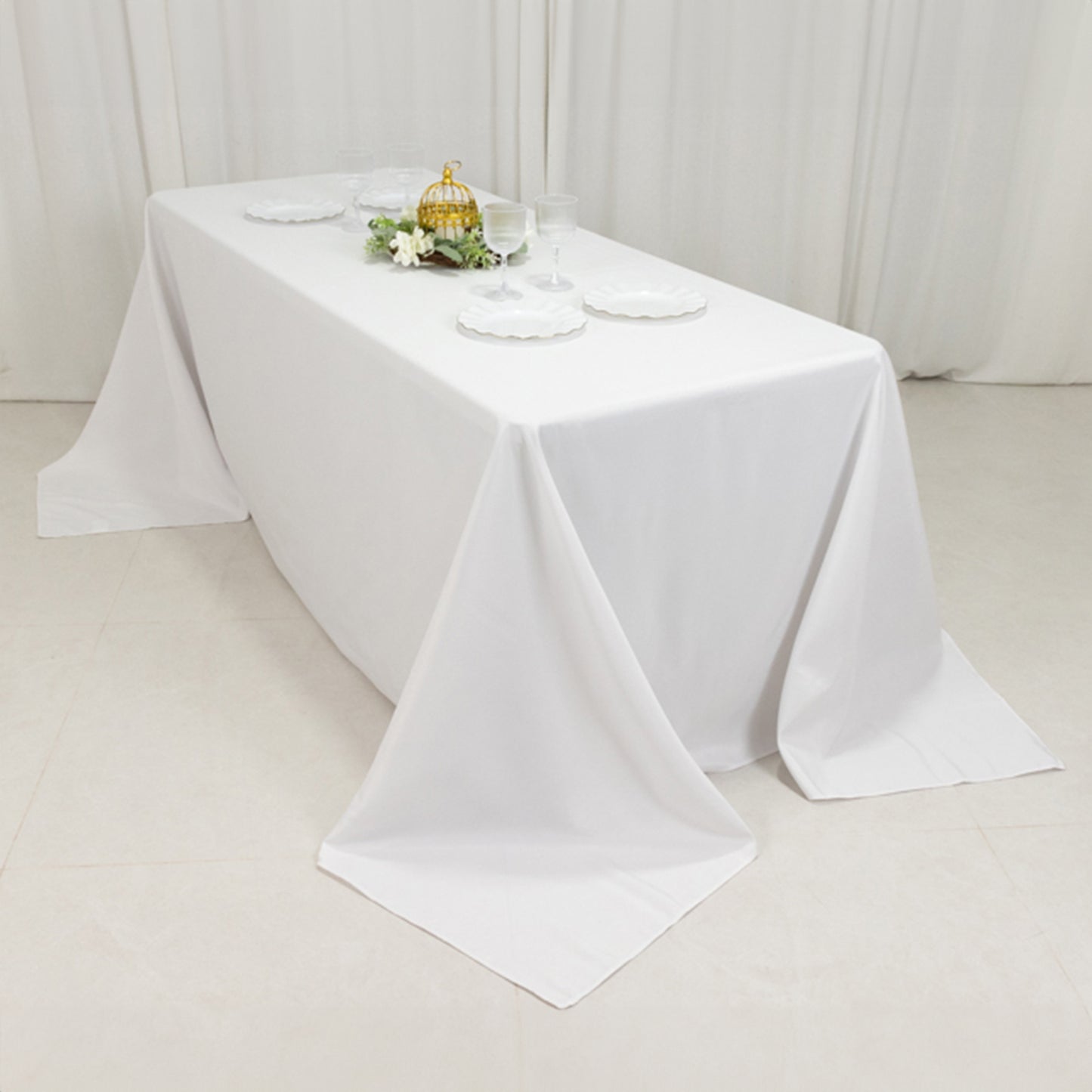 90"x132" Fire Retardant White Tablecloth Seamless Premium Polyester Rectangular Table Cover for 6 Foot Table With Floor-Length Drop