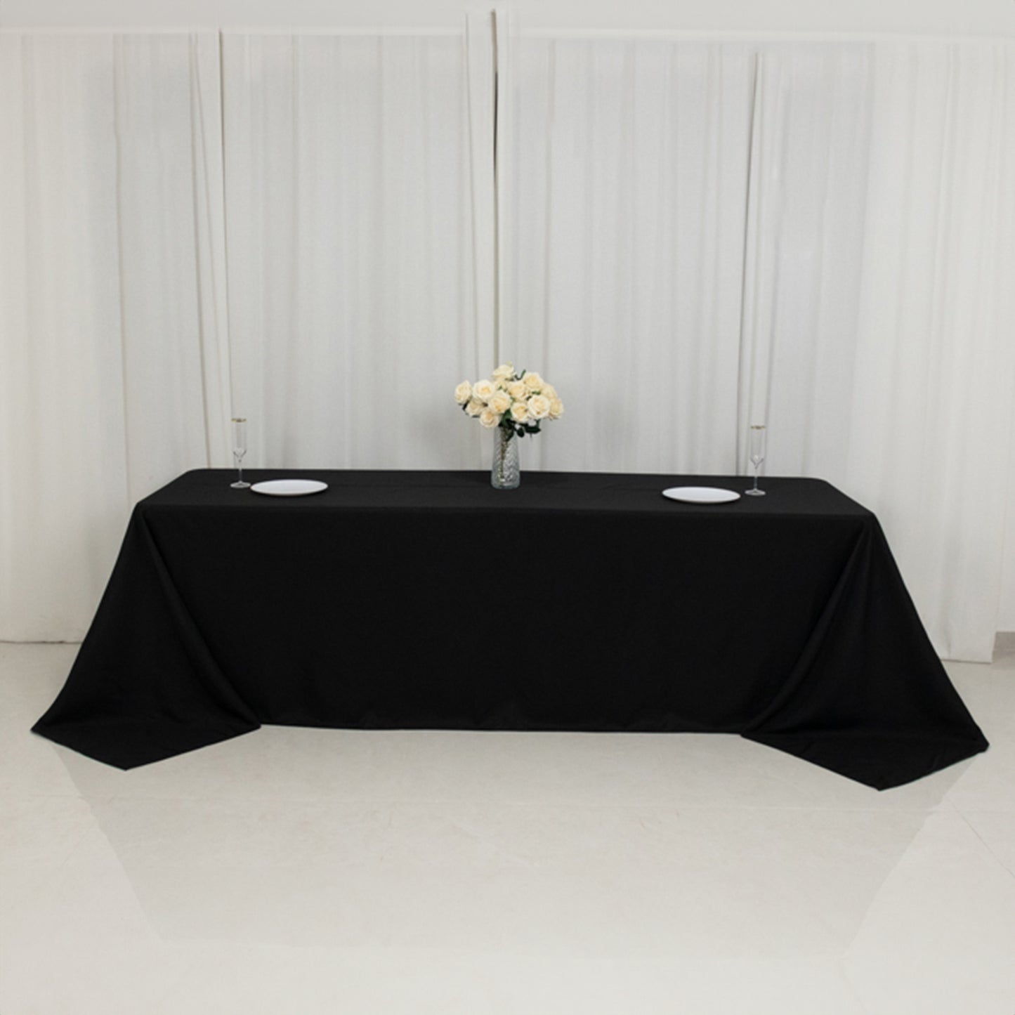 90"x156" Fire Retardant Black Tablecloth Seamless Premium Polyester Rectangular Table Cover for 8 Foot Table With Floor-Length Drop