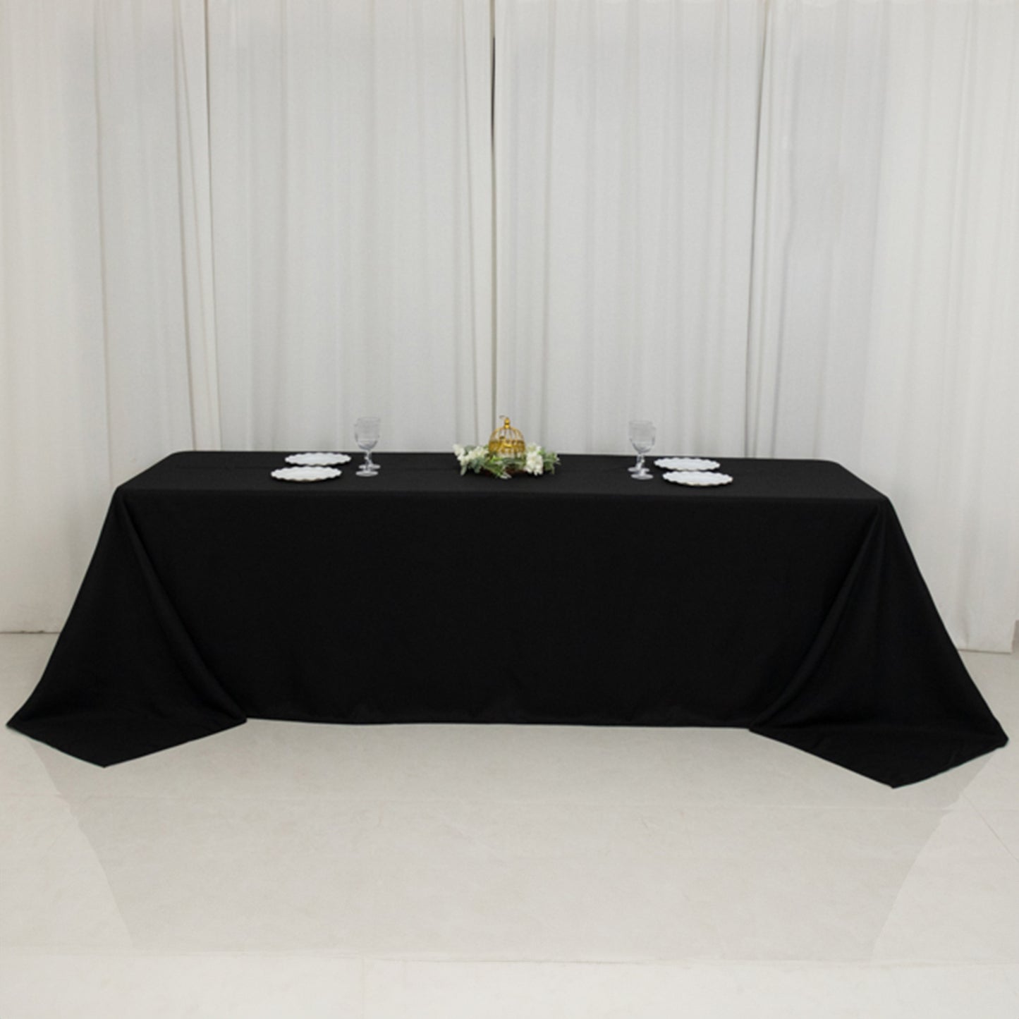 90"x156" Fire Retardant Black Tablecloth Seamless Premium Polyester Rectangular Table Cover for 8 Foot Table With Floor-Length Drop