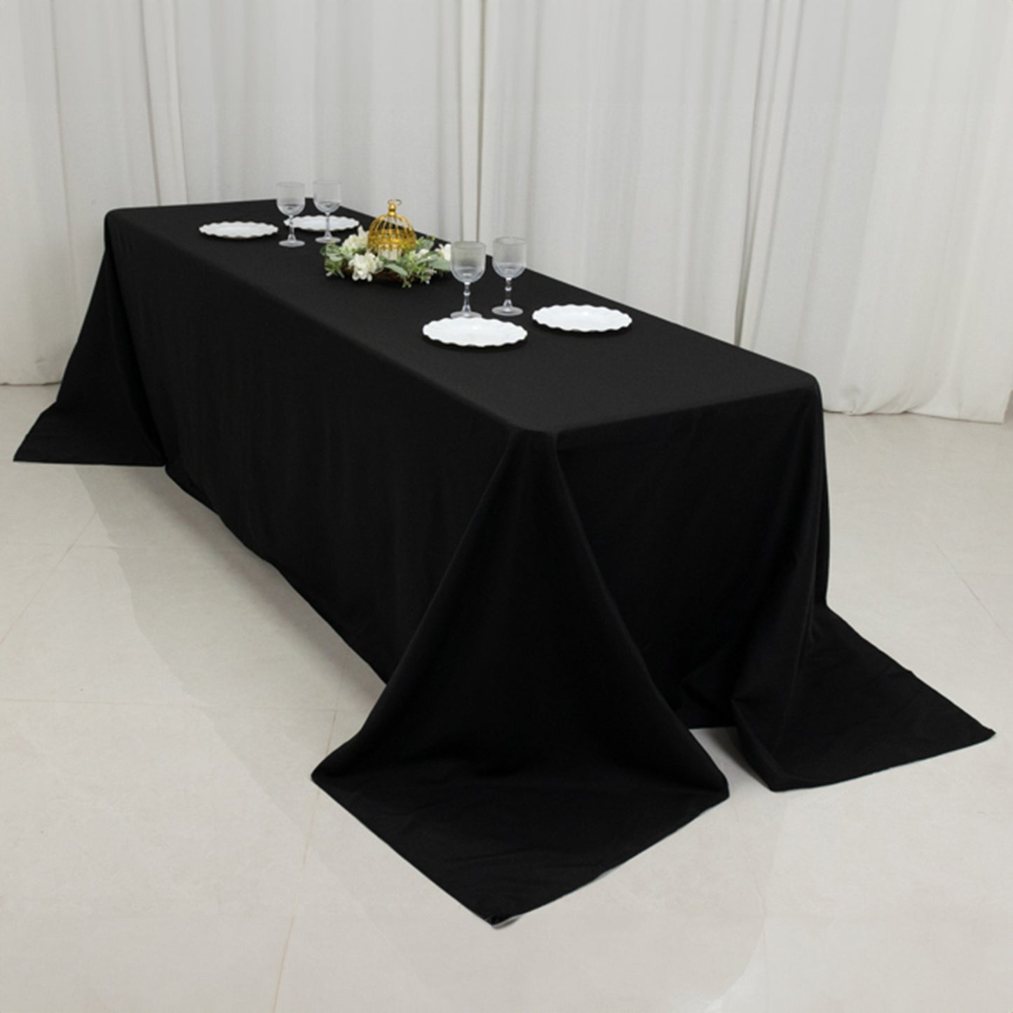 90"x156" Fire Retardant Black Tablecloth Seamless Premium Polyester Rectangular Table Cover for 8 Foot Table With Floor-Length Drop