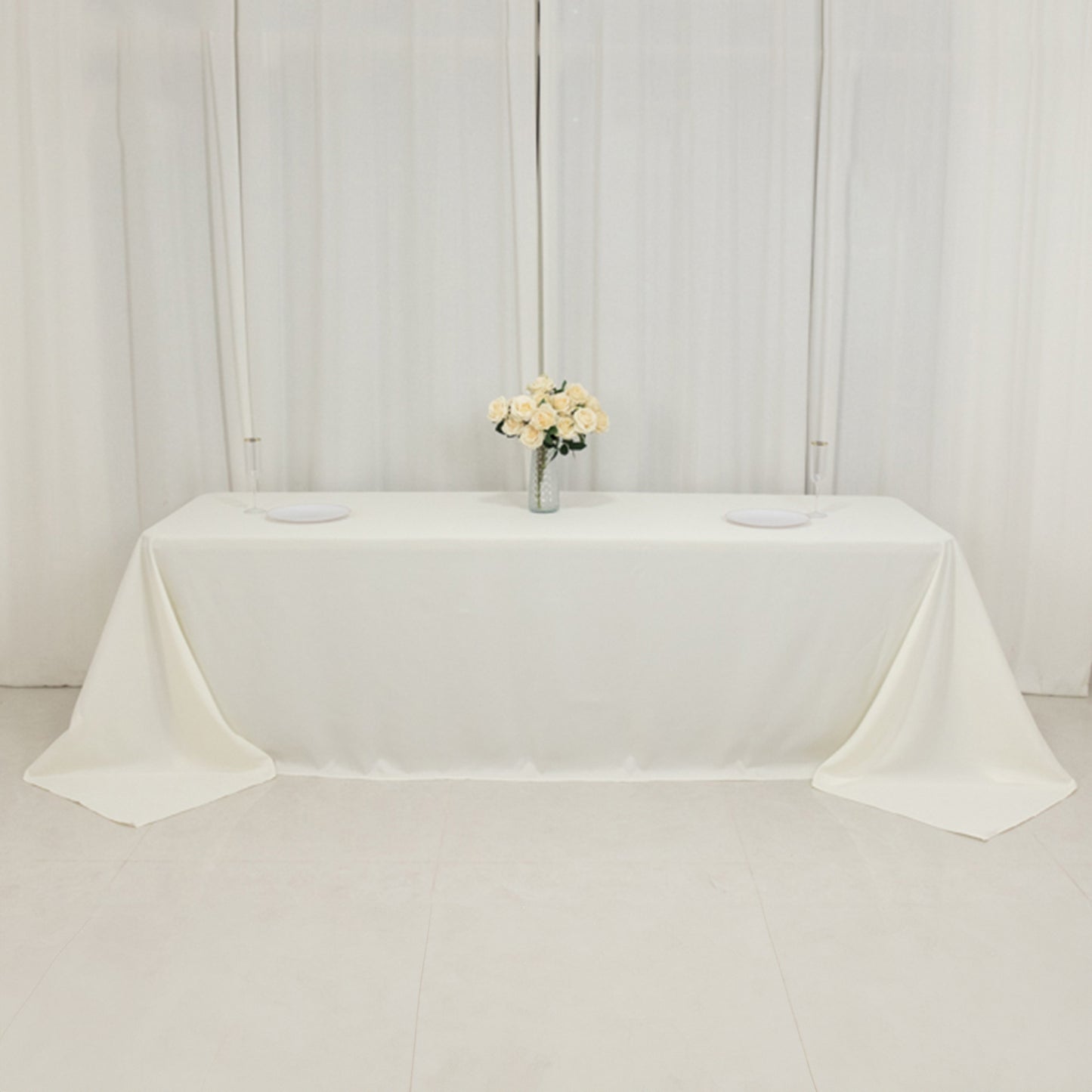 90"x156" Fire Retardant Ivory Tablecloth Seamless Premium Polyester Rectangular Table Cover for 8 Foot Table With Floor-Length Drop