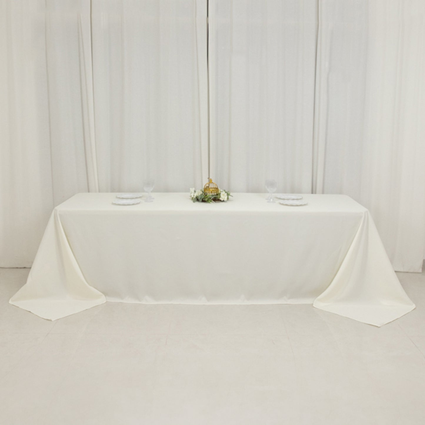 90"x156" Fire Retardant Ivory Tablecloth Seamless Premium Polyester Rectangular Table Cover for 8 Foot Table With Floor-Length Drop