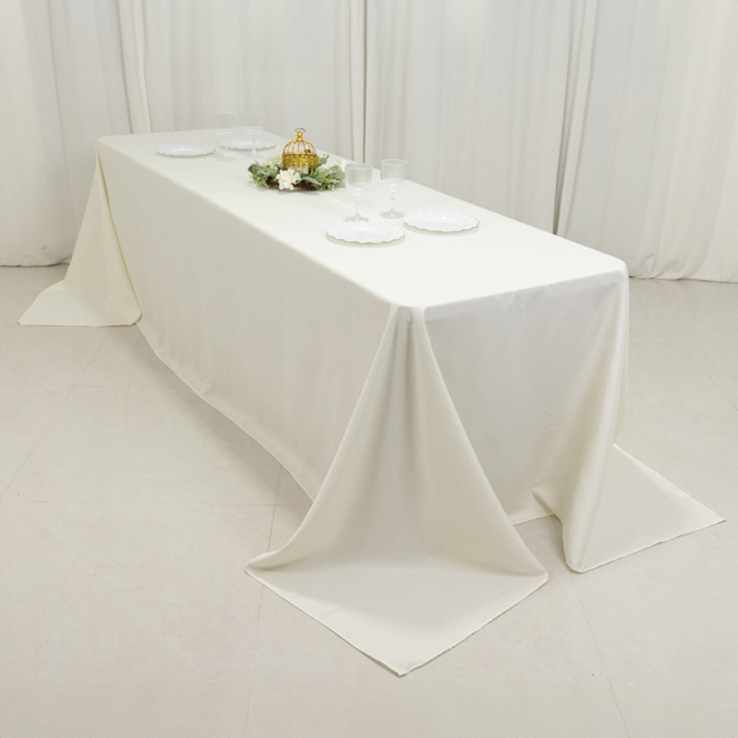 90"x156" Fire Retardant Ivory Tablecloth Seamless Premium Polyester Rectangular Table Cover for 8 Foot Table With Floor-Length Drop