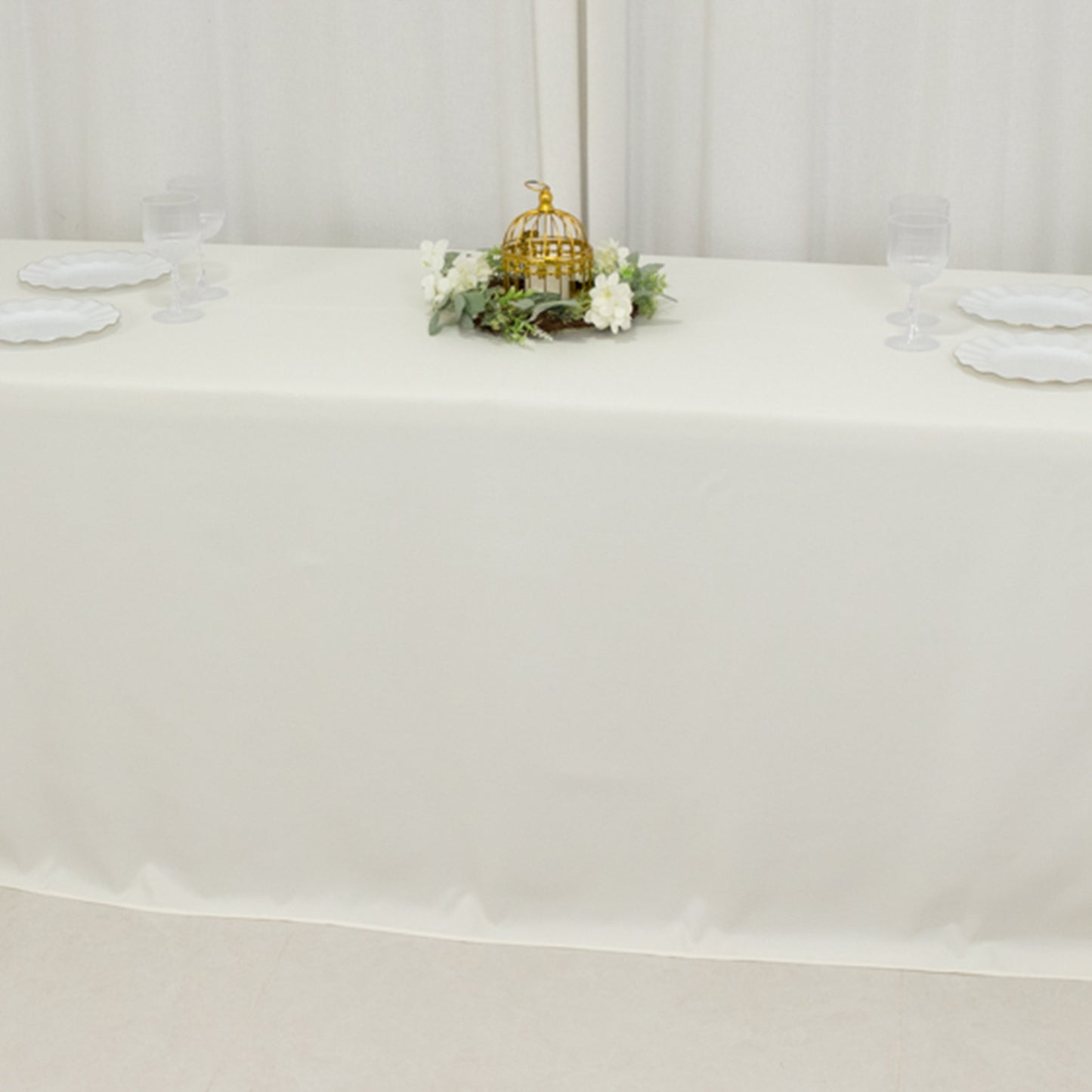 90"x156" Fire Retardant Ivory Tablecloth Seamless Premium Polyester Rectangular Table Cover for 8 Foot Table With Floor-Length Drop