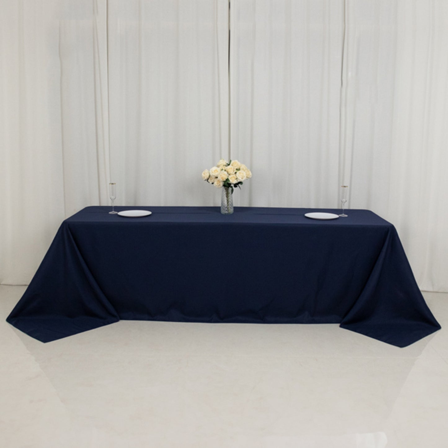 90"x156" Fire Retardant Navy Blue Tablecloth Seamless Premium Polyester Rectangular Table Cover for 8 Foot Table With Floor-Length Drop