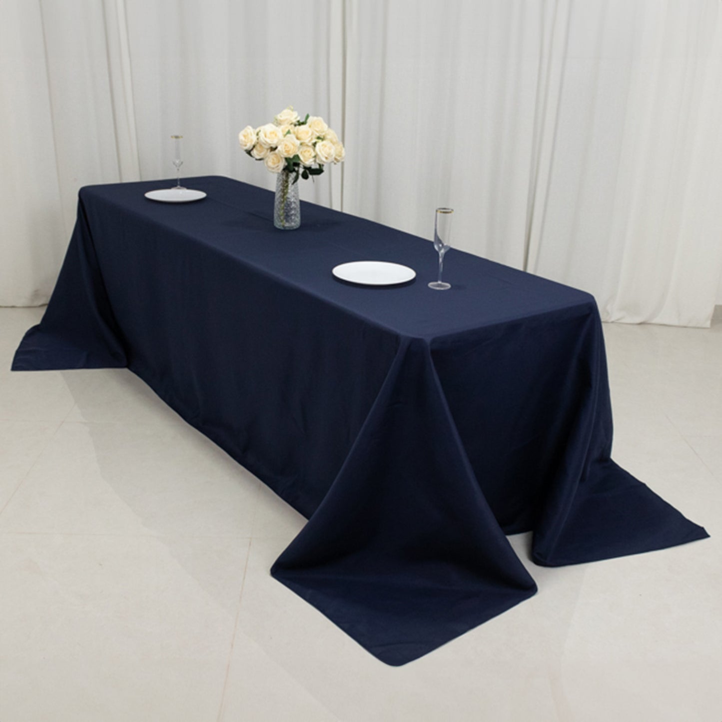 90"x156" Fire Retardant Navy Blue Tablecloth Seamless Premium Polyester Rectangular Table Cover for 8 Foot Table With Floor-Length Drop